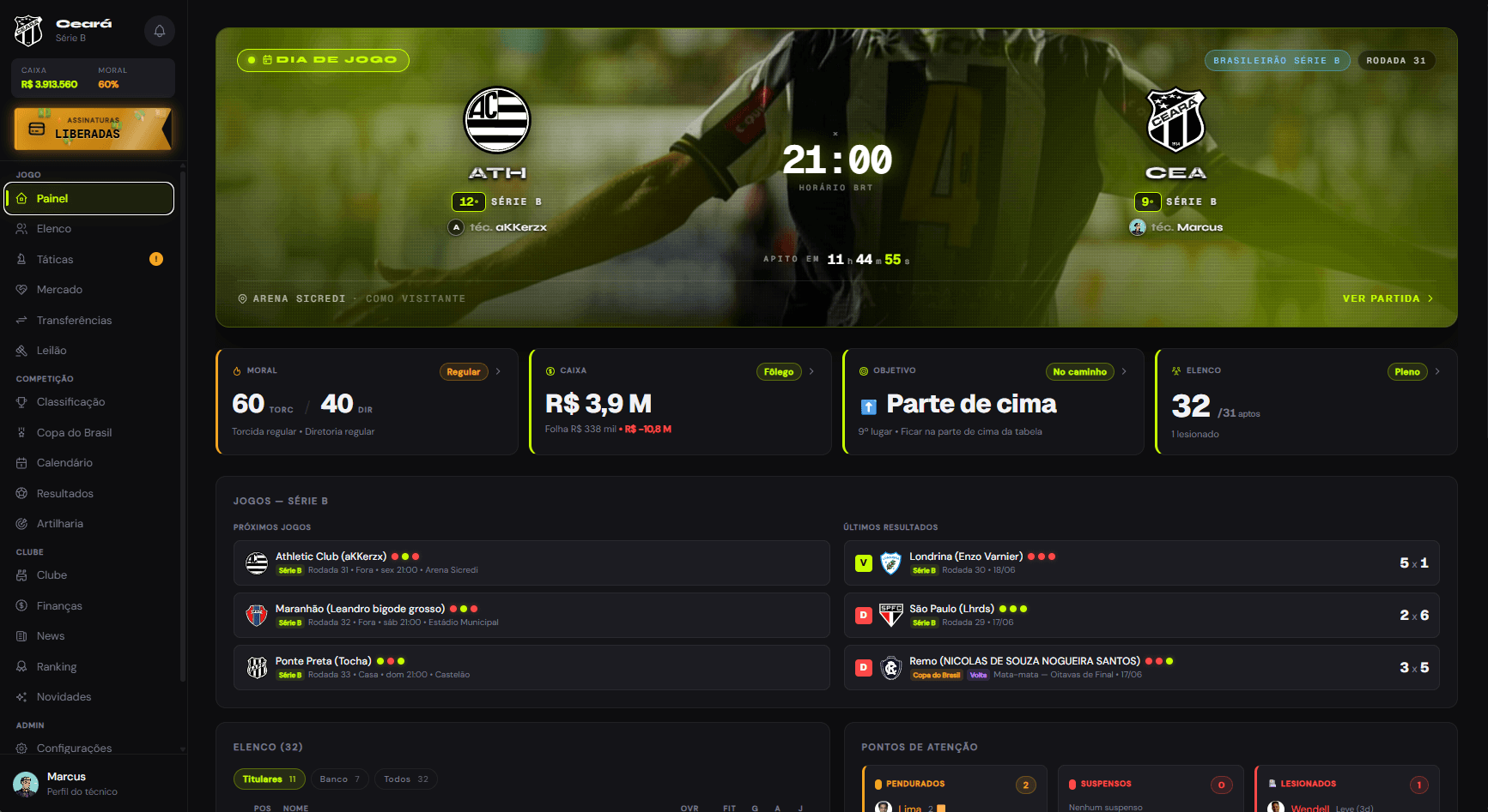 Painel principal do BRAS FUT mostrando próximo jogo, caixa e elenco