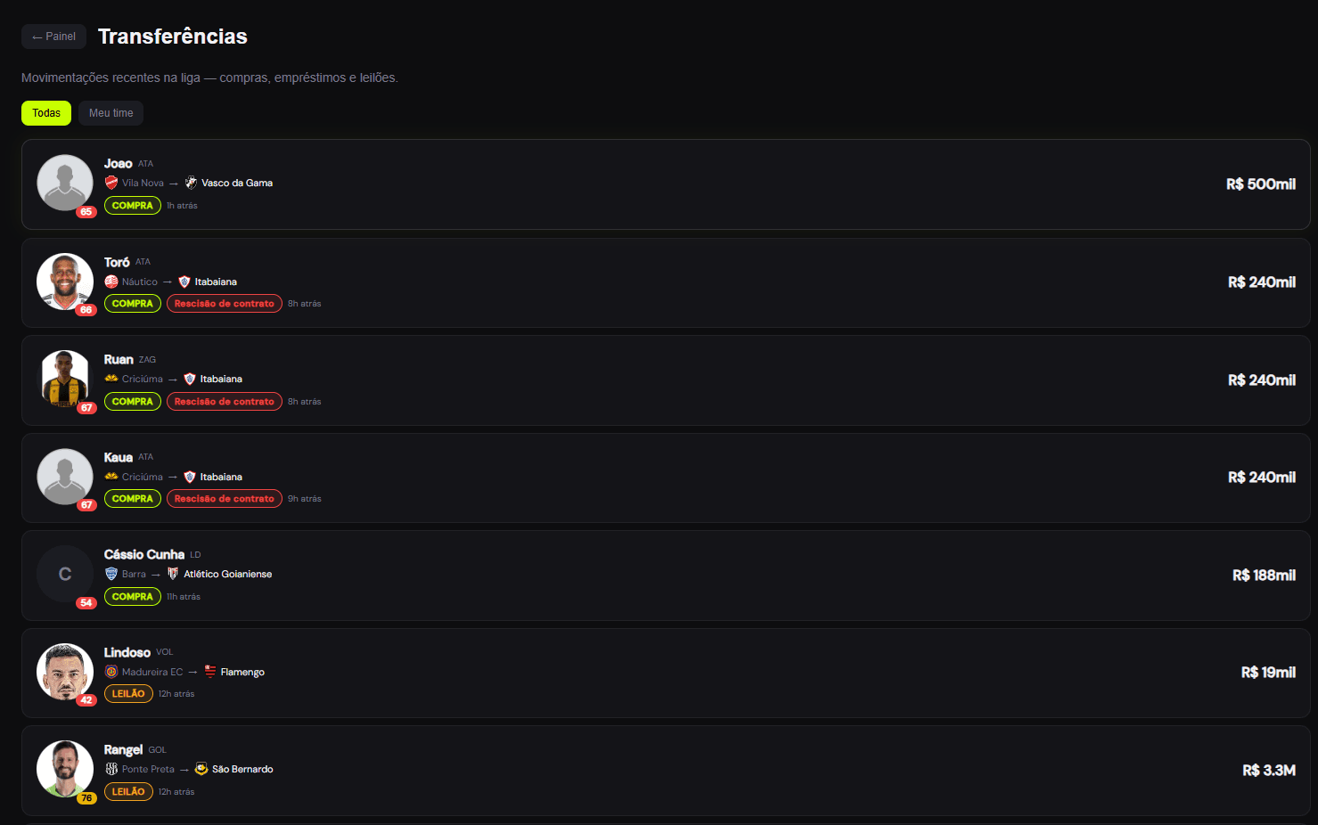 Feed de transferências da liga com compras e leilões